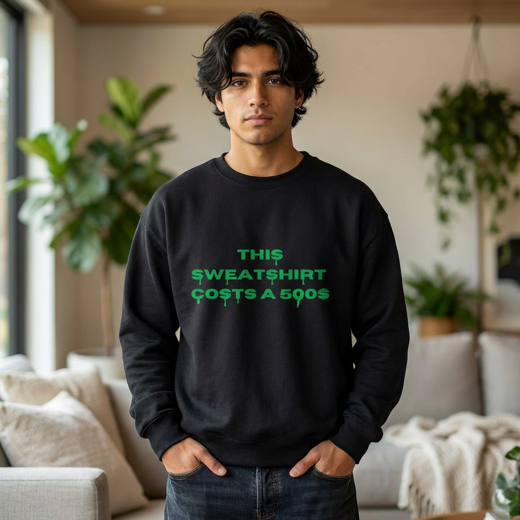 Crewneck Sweatshirt – "This Sweatshirt Costs a 50" Green Text Graphic
