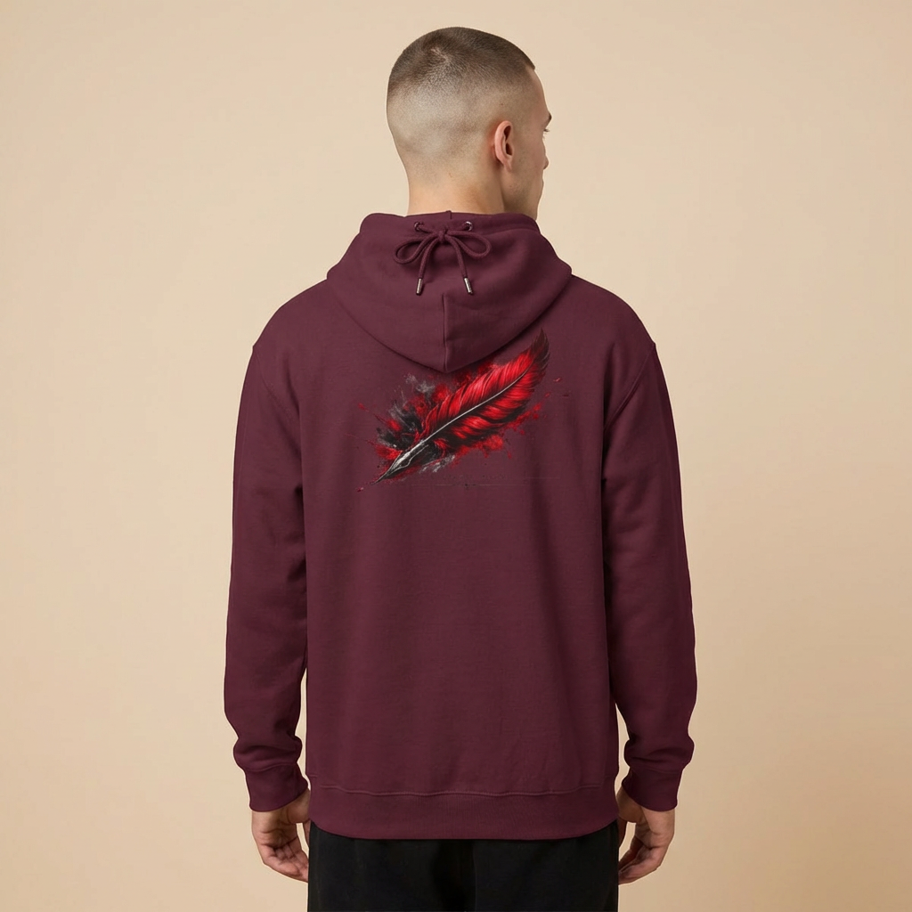 Author Hoodie with Red Ink Feather Graphic