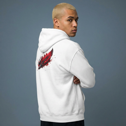 Author Hoodie with Red Ink Feather Graphic