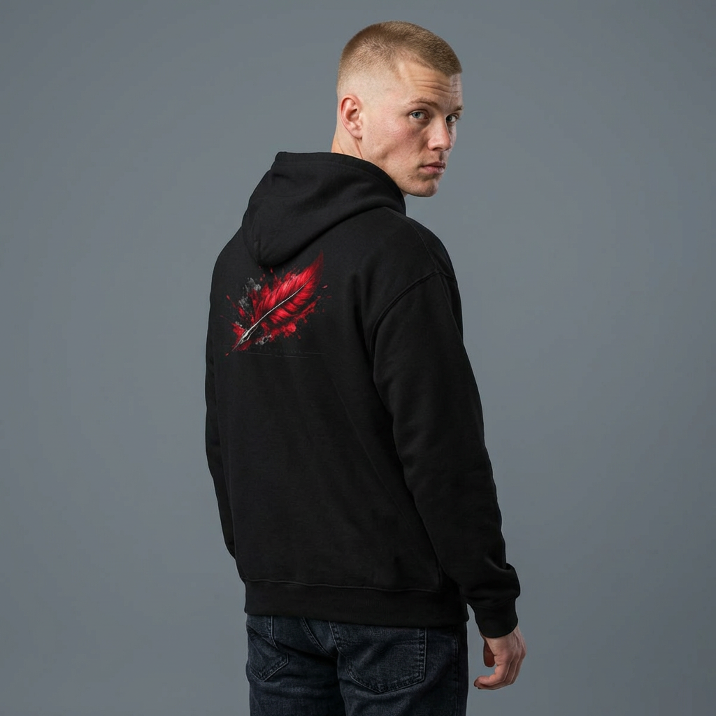Author Hoodie with Red Ink Feather Graphic